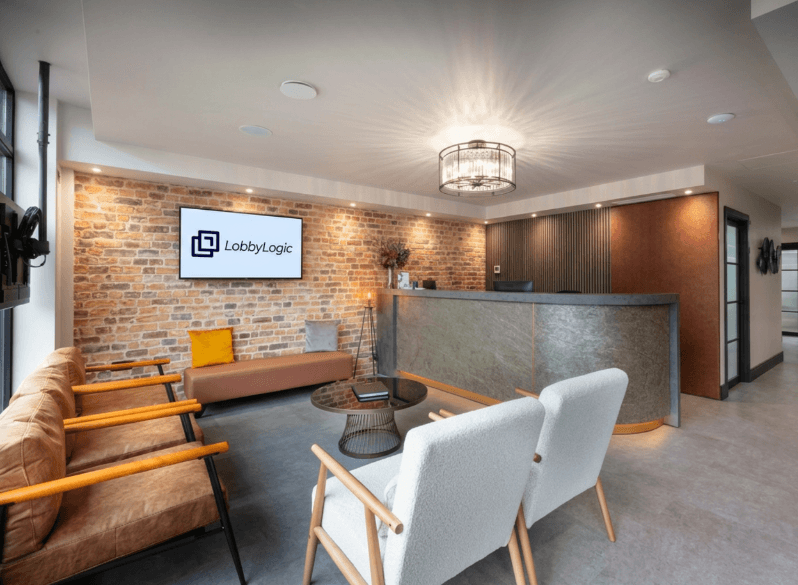 A clinic waiting room screen displaying patient education and treatment promotion content powered by Focus Loop